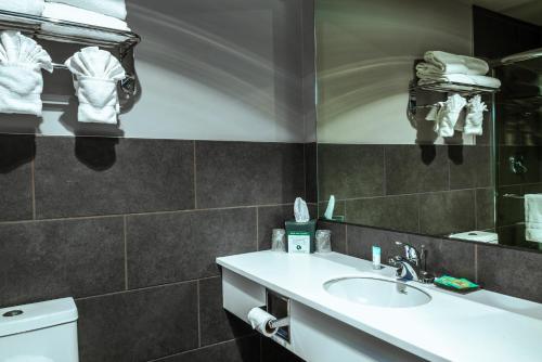 a bathroom with a sink and a mirror and towels at Ruby River Hotel in Spokane