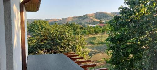 a balcony with a view of a mountain at Agropensiunea Olteanu in Niculiţel