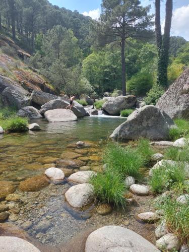 a person is standing on some rocks in a river at Puente Canto de Gredos in Arenas de San Pedro