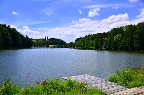 a view of a lake with a wooden dock at APARTMA KAPELSKI FANT in Sveti Jurij ob Ščavnici
