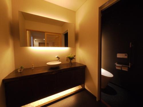 La salle de bains est pourvue d'un lavabo, d'un miroir et de toilettes. dans l'établissement villa-rizo - Vacation STAY 13184, à Hida