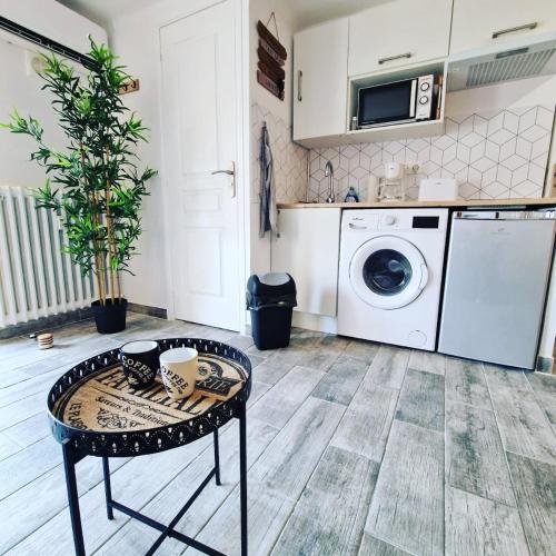 une cuisine avec une table et une machine à laver dans l'établissement STUDIO SUNSET, à Sausset-les-Pins