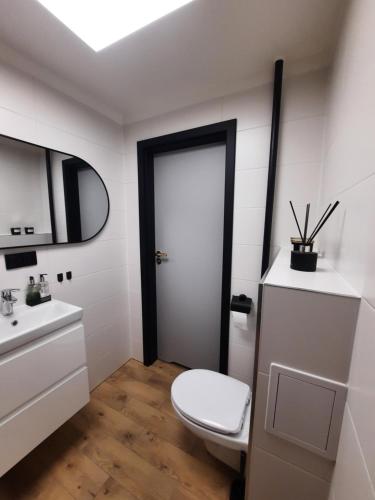 uma casa de banho com um WC e um lavatório em GOLD&BLACK OŚWIĘCIM CENTRUM em Oświecim