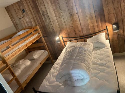 Ce lit se trouve dans un dortoir doté de 2 lits superposés et de murs en bois. dans l'établissement Appartement en Rez de jardin, à Le Mont-Dore