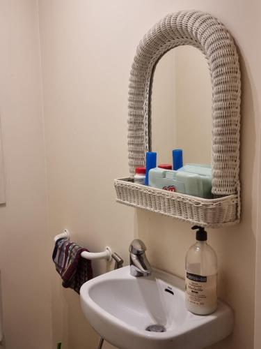 ein Waschbecken mit einem Spiegel und einem Seifenspender in der Unterkunft Appart Tour Eiffel pour 4 personnes in Paris