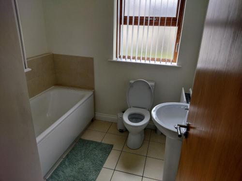a bathroom with a toilet and a tub and a sink at Mournes Snug in Newcastle