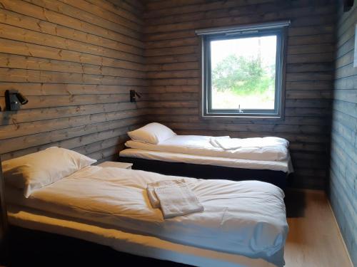 two beds in a room with a window at Fiskekrogen Rorbuer in Henningsvær