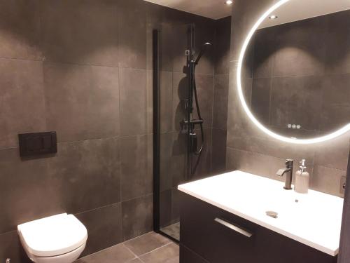 La salle de bains est pourvue de toilettes, d'un lavabo et d'un miroir. dans l'établissement Fiskekrogen Rorbuer, à Henningsvær