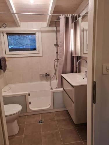 La petite salle de bains est pourvue de toilettes et d'un lavabo. dans l'établissement Rhône Cottage 4, à Noville