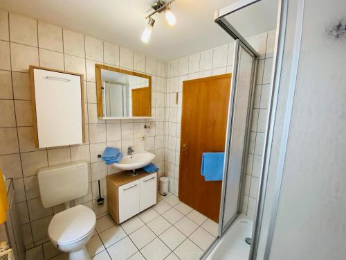 a bathroom with a toilet and a sink and a shower at Quartier48 - 2 Stadtapartments oder das ganze Haus bis 9 Personen in Suhl