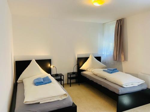 a bedroom with two beds and a window at Quartier48 - 2 Stadtapartments oder das ganze Haus bis 9 Personen in Suhl