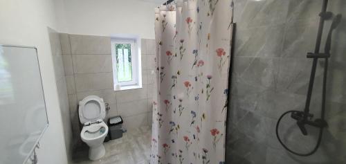 La salle de bains est pourvue de toilettes et d'un rideau de douche avec des fleurs. dans l'établissement Mazurska przystań, à Dąbrówno
