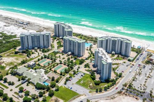 an aerial view of the beach and buildings at St Lucia at Silver Shells in Destin