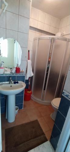 bagno con doccia, lavandino e servizi igienici di Triplex house, near center and sea a Datça
