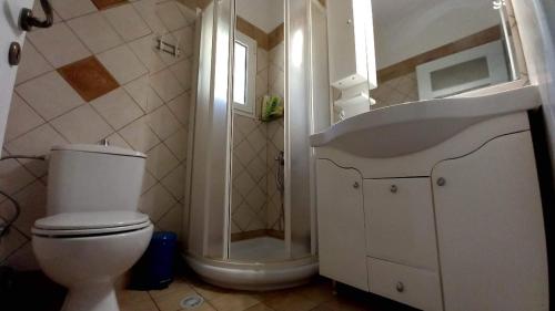 een badkamer met een douche, een toilet en een wastafel bij Relaxing Country house Porto Vito in Aigósthena