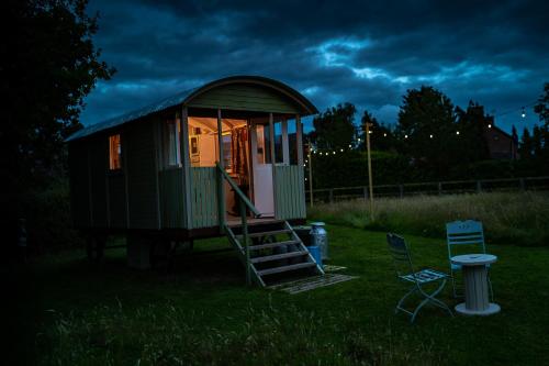 a green tiny house with a staircase in a yard at Higher Farm in Malpas
