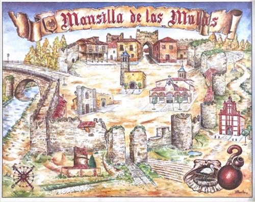 a drawing of a town with a bridge and a castle at Casa Belia in Mansilla de las Mulas