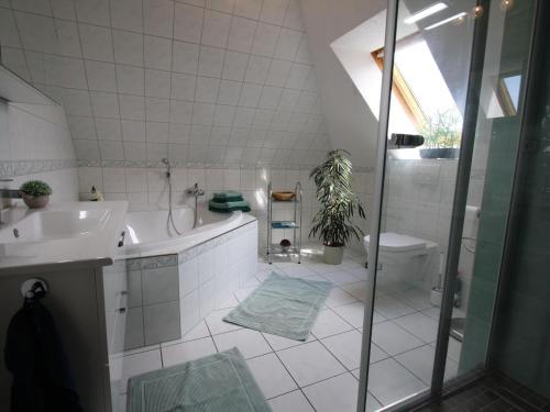 ein Bad mit einer Dusche, einem Waschbecken und einem WC in der Unterkunft Apartment On The Beach, Schwerin in Schwerin
