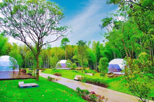 a group of domes in a park with a river at BAMBOO RESORT MIHAMA　繋 in Mihama