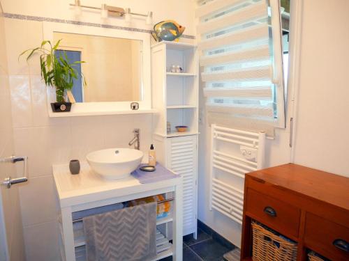 ein Badezimmer mit Waschbecken und Spiegel in der Unterkunft Holiday Home in Crozon near Sandy Beaches in Crozon