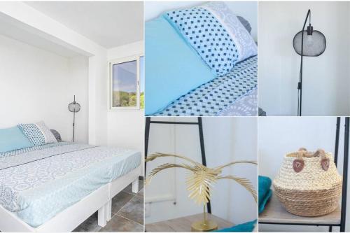 a collage of four different pictures of a bedroom at Appartement B François in Le François