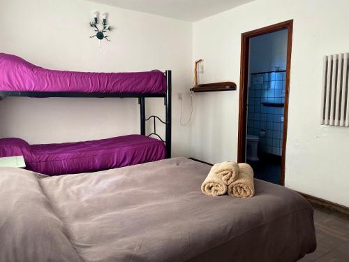 Hostel Planeta Cumbrecita في لا كومبريسيتا: غرفة نوم مع سرير مع سريرين بطابقين