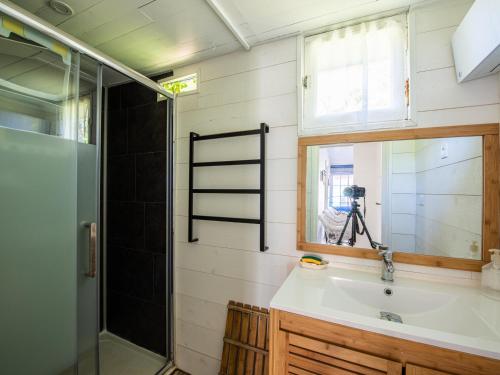 ein Bad mit einem Waschbecken und einer Dusche in der Unterkunft Maison Biscarrosse Plage, 4 pièces, 7 personnes - FR-1-521-206 in Biscarrosse