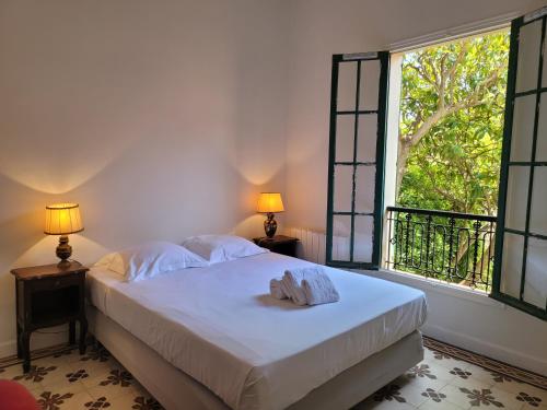 une chambre avec un lit et une grande fenêtre dans l'établissement T3 VILLA WALLER PROCHE PLAGES et CENTRE-VILLE, à Antibes