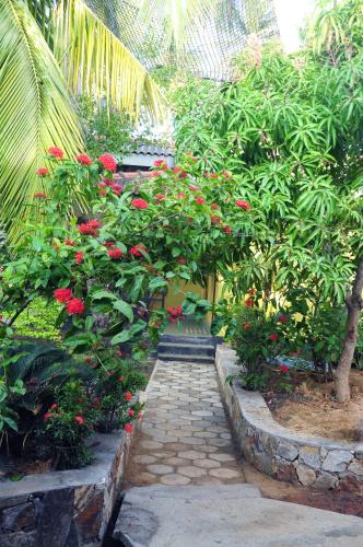 a garden with red flowers and a walkway at Traveller's Home Hotel in Tissamaharama