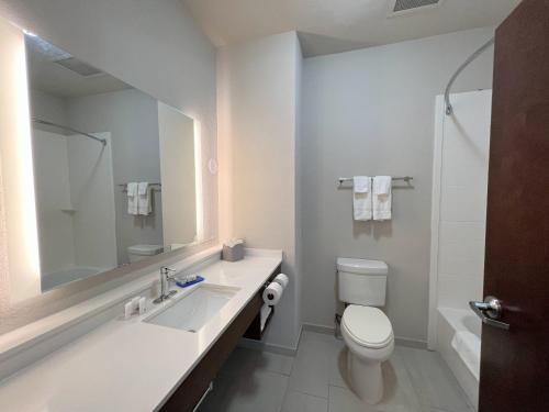 a white bathroom with a sink and a toilet at Holiday Inn Express Hotel & Suites Atlanta Airport West - Camp Creek, an IHG Hotel in Atlanta