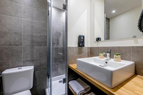 a bathroom with a sink and a toilet and a mirror at Greet Hotel Bordeaux Floirac Arena in Floirac