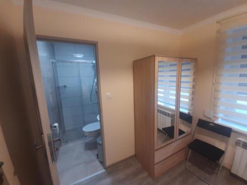 a bathroom with a shower and a toilet and a glass door at Tropikalna Odnowa in Fałkowo