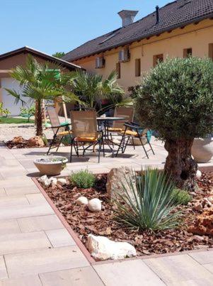 a patio with chairs and a table and trees at Dr Becsey Luxury Apartman in Békéscsaba