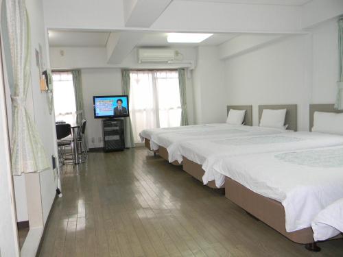 a hotel room with two beds and a television at Weekly Green In Namba in Osaka