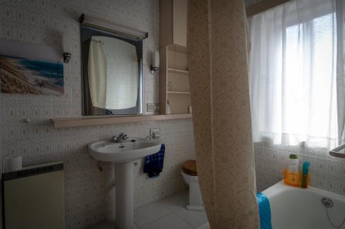 a bathroom with a sink and a toilet and a mirror at Casa rural Arribes Vida in Vitigudino