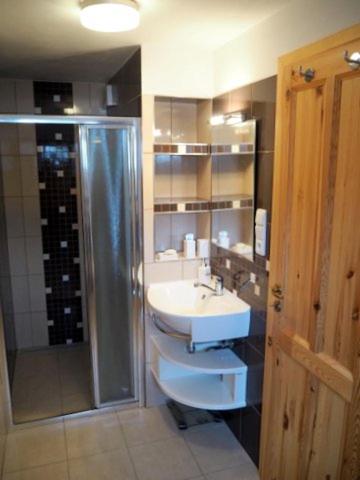 a bathroom with a sink and a shower and a white sink at Pohodový domek in Čkyně