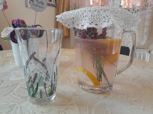 dois vasos de vidro em cima de uma mesa em Accommodation close to Budapest em Solymár