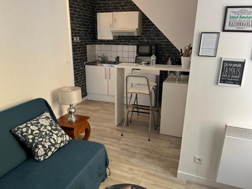 ein Wohnzimmer mit einem Sofa und einer Küche in der Unterkunft La Ruelle des Bords de Loire - Classé 2** in Basse-Indre
