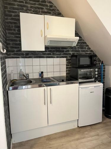 eine weiße Küche mit einer Spüle und einer Mikrowelle in der Unterkunft La Ruelle des Bords de Loire - Classé 2** in Basse-Indre