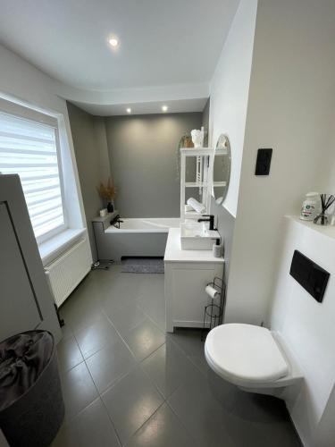 a bathroom with a toilet and a sink and a tub at Brother street apartment in Liepāja