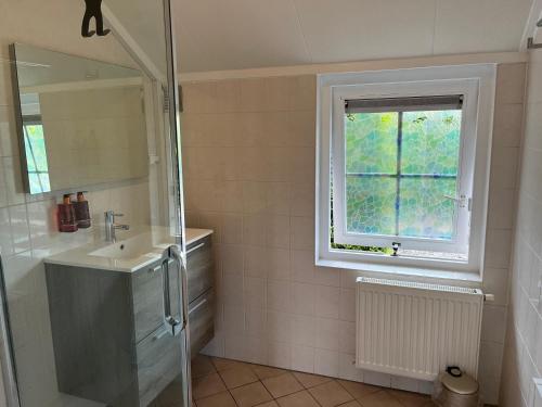 a bathroom with a sink and a window at Villa Clementine with sauna in Ermelo in Ermelo