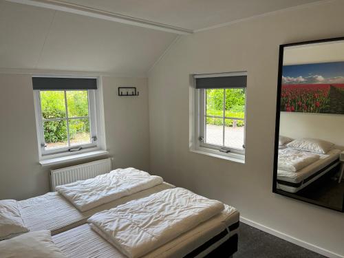 a bedroom with two beds and a mirror at Villa Clementine with sauna in Ermelo in Ermelo