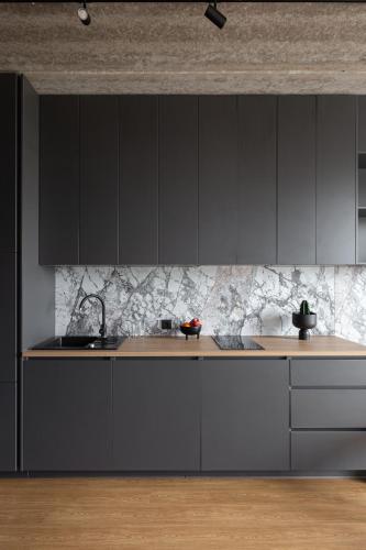 a kitchen with gray cabinets and a counter top at Rocca House by Larsen in Tallinn