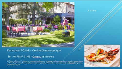 kolaż dwóch zdjęć restauracji ze stołem i jedzeniem w obiekcie Bel Appartement T2 40 M² w mieście Vaugneray