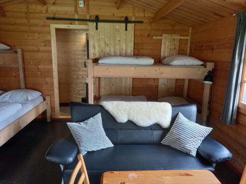 a living room with a couch and two bunk beds at tHoefijzer Luxere Blokhutten - 5 personen in Zwiggelte