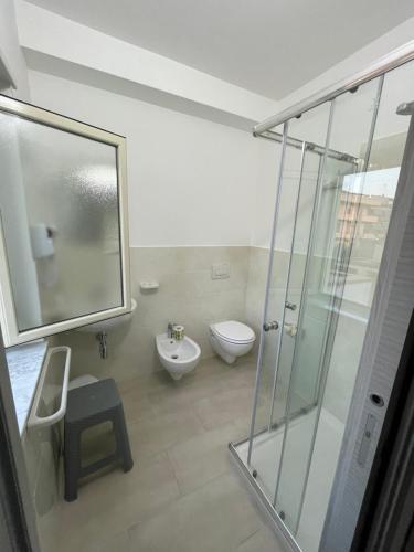 a bathroom with a shower and a toilet and a sink at Aedes Tropea B&B in Santa Domenica