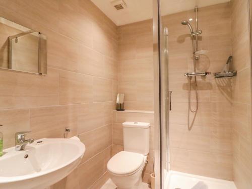 a bathroom with a toilet and a sink and a shower at Seaview in Weymouth