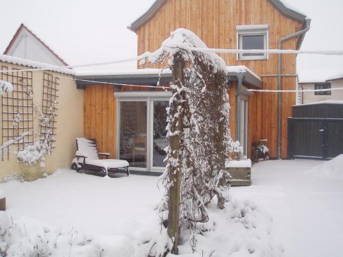 a snow covered yard with a house at Ferienhaus Silvia in Rödelmaier