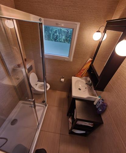 a small bathroom with a shower and a sink at Dom Letniskowy, Siła in Sila