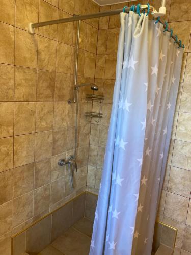 a shower with a shower curtain with stars on it at Monterama Apartments in Sutomore